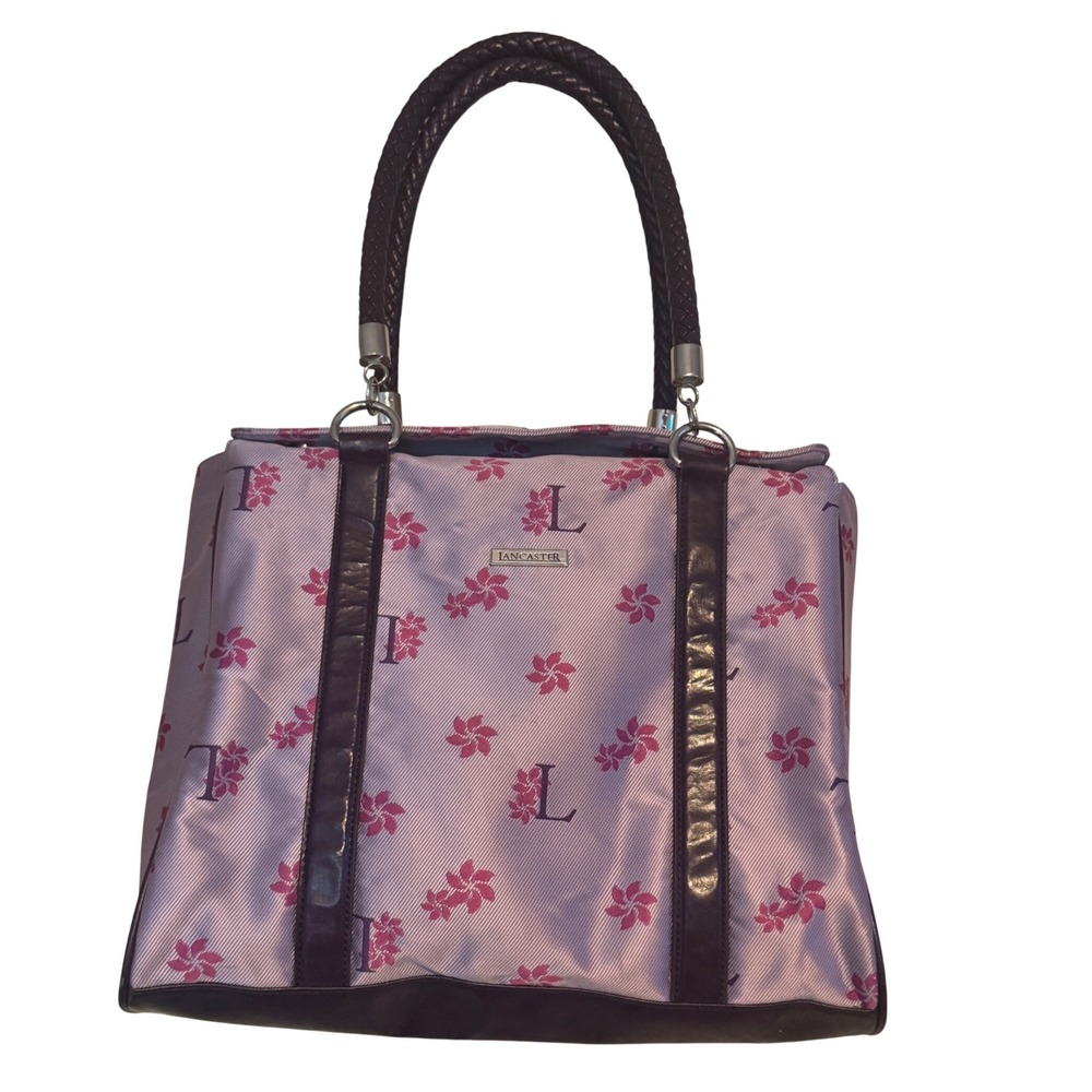 Lancaster Lavender  Floral Brown Leather Trim Tote Handbag Made In‎ Italy